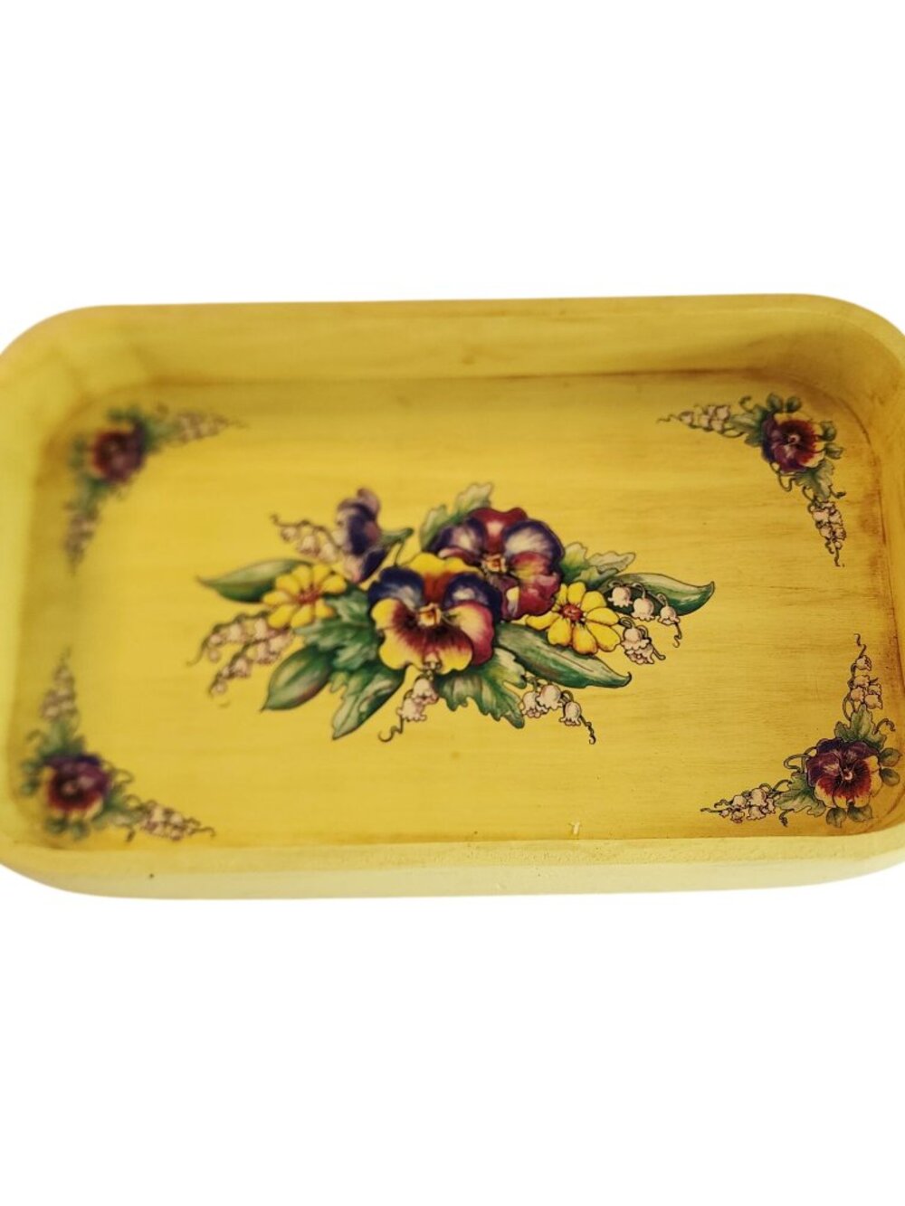 Vintage Hand-Painted Wooden Tole Tray Bright Yellow Floral Motifs Signed 13 x 8